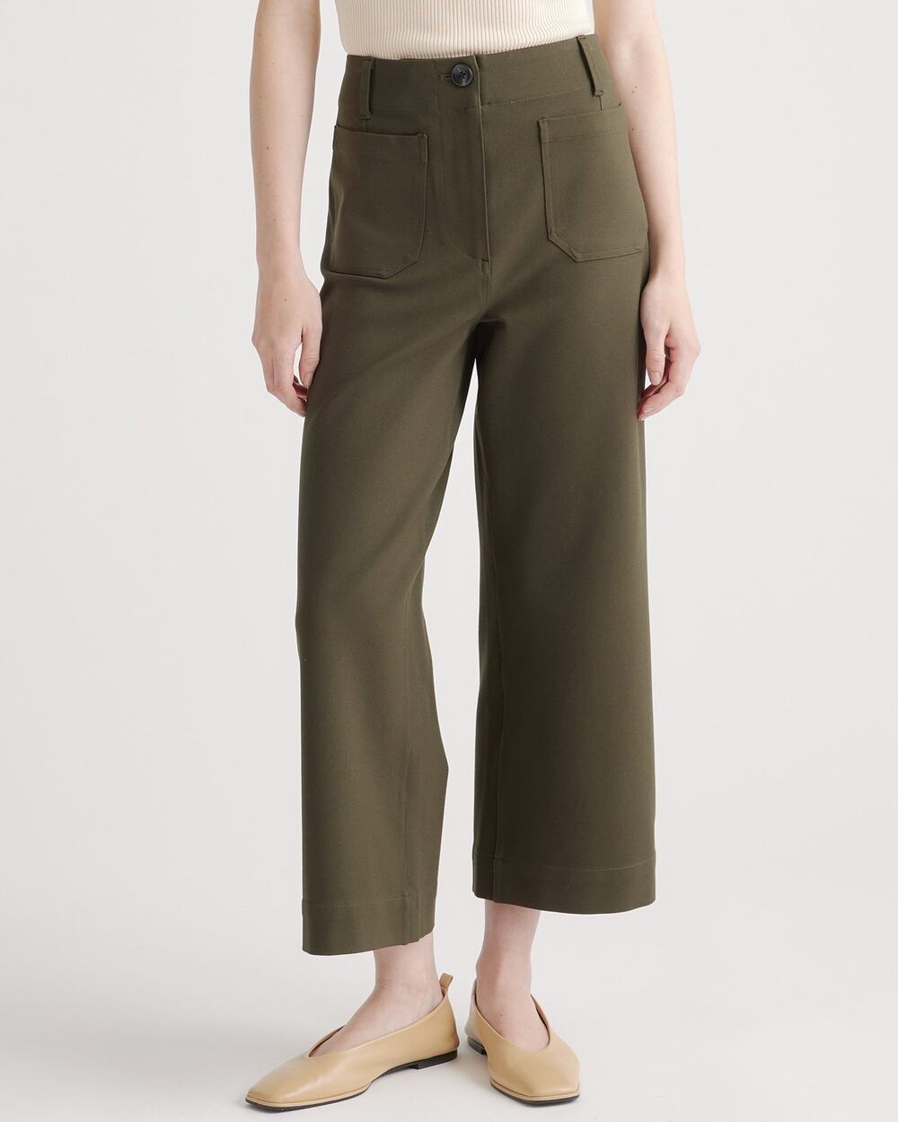 Quince Ponte Knit Wide Leg Trousers Olive Green Sz 2 Patch Pockets Quiet Luxury